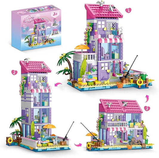 3 in 1 Pink Girls Beach House Building Set with Light, Seaside Villa Friends Building Toys, Compatible with Lego Friends Construction Educational Toy for Adults Kids Age 8-12 and Up (961 PCS)