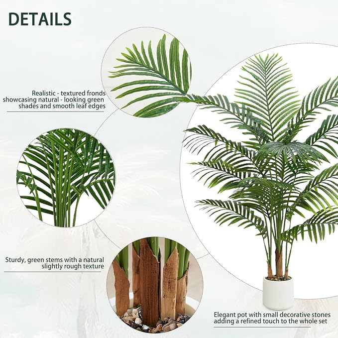 2 Pack Artificial Palm Tree Indoor Plant 5FT Tall Fake Tropical Palm Tree in Pot, Real Bark Design Faux Areca Palm Tree for Home Office Living Room Bedroom Farmhouse Modern Outdoor Topiary Tree