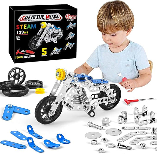 Ferthor Fun Erector Set Motorcycle,Stem Building Projects Toys for Kids 8 9 10 11 12+ Year Old,Metal Building Construction Model kit, 5 in 1 Motobike Building Blocks Steam Educational Toys(139PCS)