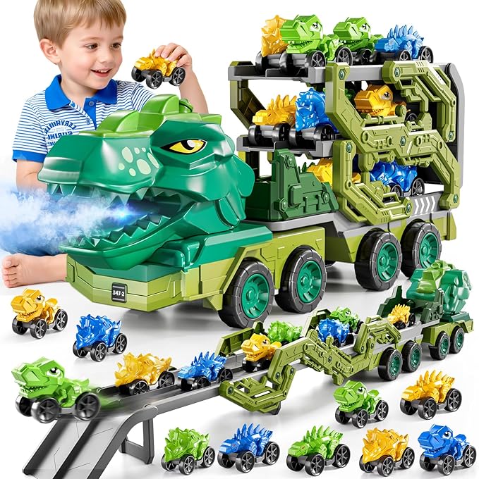 10 in 1 Dinosaur Truck Toys for Kids Aged 3-5 4-8 with Foldable Race Track, Carrier Truck with 9 Dinosaur Toy Cars for Boys, Spraying, Light and Sound, Birthday Gifts for Girls Toddlers 5-7