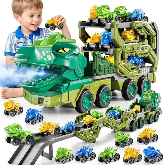 10 in 1 Dinosaur Truck Toys for Kids Aged 3-5 4-8 with Foldable Race Track, Carrier Truck with 9 Dinosaur Toy Cars for Boys, Spraying, Light and Sound, Birthday Gifts for Girls Toddlers 5-7