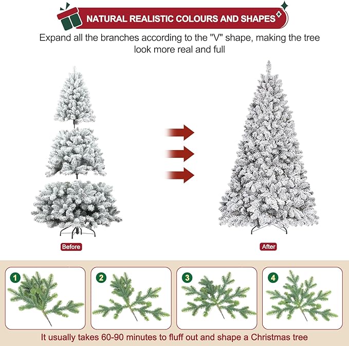 Flocked Christmas Tree 9ft, Premium Christmas Tree - White Flocked Trees - Artificial Xmas Trees
