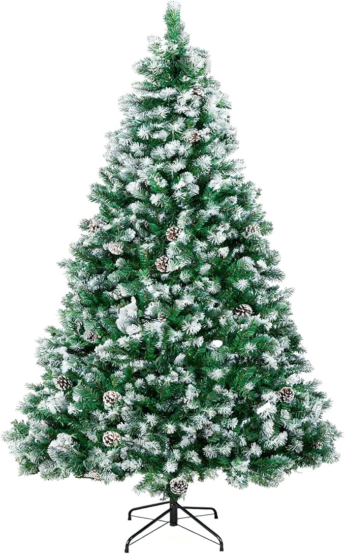 6ft Green Artificial Christmas Tree, Premium Unlit Holiday Xmas Tree for Home Office Party Decoration with 800 PVC Hinged Partially Frosted Branch Tips, 30 Real Pinecones, Foldable Stand