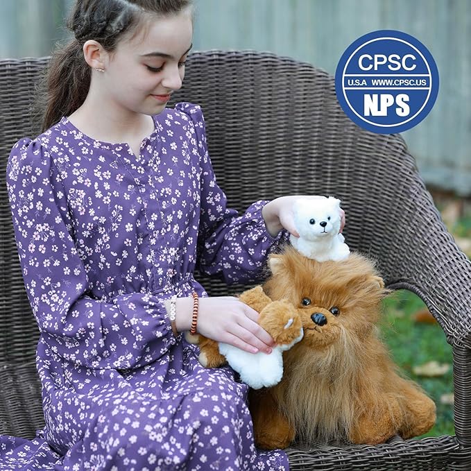 Tezituor Realistic Pomeranian Stuffed Animal Plush Toy,13.8" Mommy Dog Plush with 3 Puppies Cute Fluffy Plushie for Girls Boys Toddler Birthday