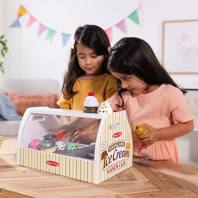 Melissa & Doug Wooden Scoop and Serve Ice Cream Counter With Play Food and Accessories (28 Pcs) Pretend Food, Ice Cream Toys, For Kids Ages 3+