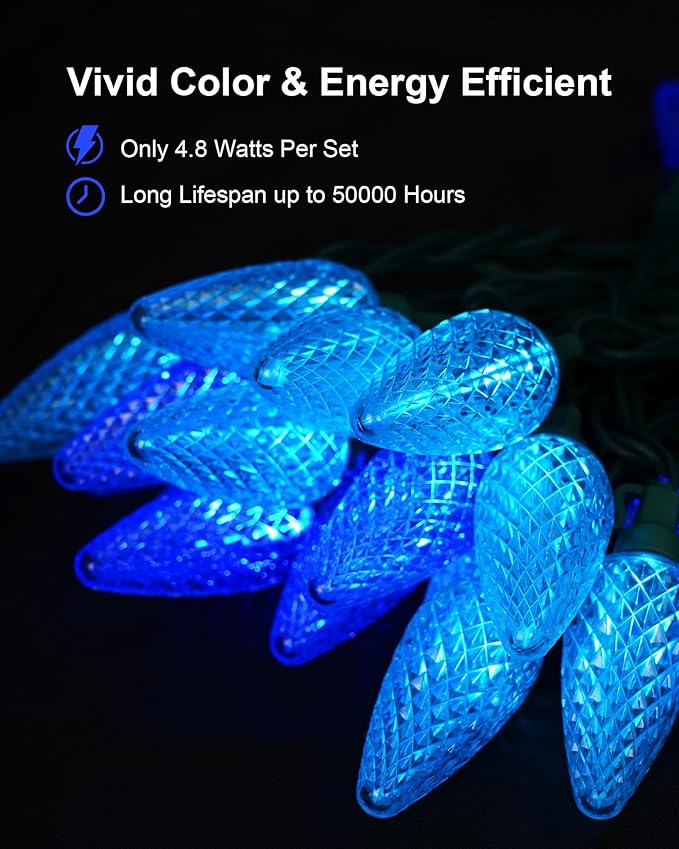 C9 LED Christmas String Lights, 33.33ft 50 LED Outdoor Indoor Decorative Light Strand, Xmas Holiday Lights for House, Christmas Tree, Patio, Party Decoration, Turquoise & Ice Blue, UL Listed