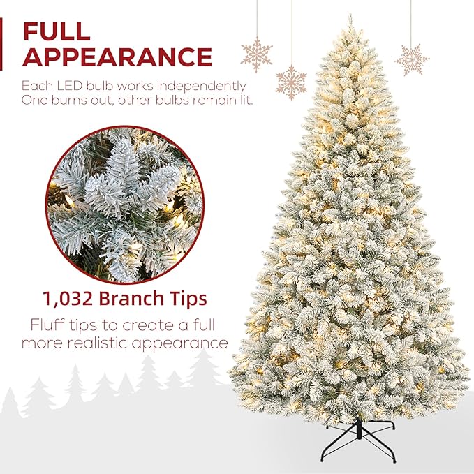 Hykolity 6ft Pre-lit Snow-Flocked Christmas Tree, Artificial Holiday Christmas Tree with 250 Warm White Lights, 1032 Branch Tips, Hinged Design & Metal Base