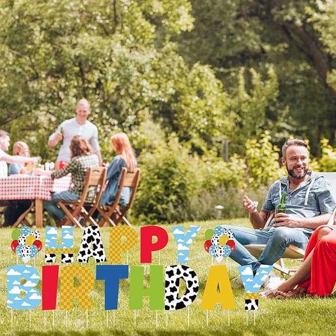 15 Pcs Cartoon Happy Birthday Lawn Yard Sign with Stakes Colorful Toy Inspire Game Outdoor Decorations Waterproof Happy Sign for Birthday Party Celebration Supplies