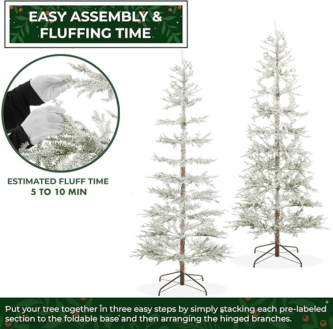 Casafield 6.5FT Pre-Lit Sparse Flocked Pine Artificial Holiday Christmas Tree, Warm White and Multicolored LED Lights with Sturdy Metal Stand
