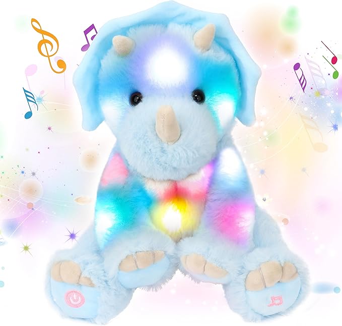 Cuteoy Blue Triceratops LED Musical Stuffed Animal Light-up Singing Plush Dinosaur Adjustable Volume Lullaby Plushies Birthday Christmas Toy Gifts for Kids Toddler Girls, 13"
