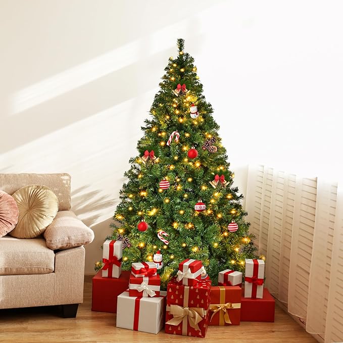 7.5ft Artificial Christmas Tree w/400 Warm Lights Lights &8 Different Light Holiday Xmas Tree, Premium Hinged Spruce Xmas Tree w/1405 Branch Tips and Foldable Metal Stand for Home, Office, Party