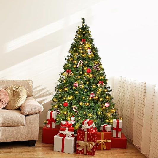 7.5ft Artificial Christmas Tree w/400 Warm Lights Lights &8 Different Light Holiday Xmas Tree, Premium Hinged Spruce Xmas Tree w/1405 Branch Tips and Foldable Metal Stand for Home, Office, Party