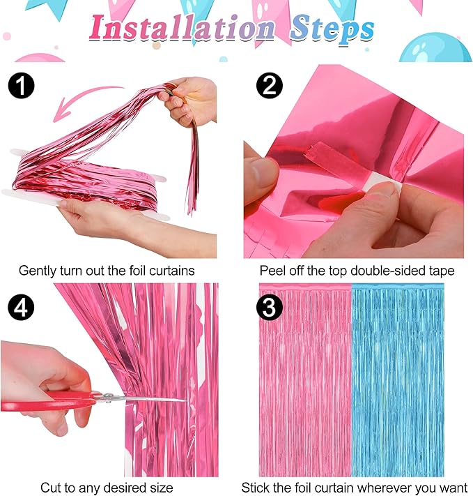 2 Pack Gender Reveal Decorations, 3.28 FT x 7.05 FT Pink and Blue Fringe Backdrop, Metallic Boy or Girl Foil Fringe Curtains Tinsel Backdrop Party Streamers, Birthday Party Decor Photo Booth Props