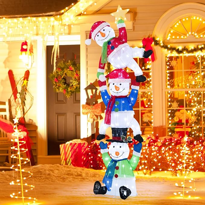 Tangkula 6 FT Lighted Christmas Stacked Snowman Set, Light-up Christmas Decoration with 155 LED Lights, Ground Stakes & Zip Ties, Pre-Lit Snowman Ornament for Indoor and Outdoor Yard, Garden & Lawn