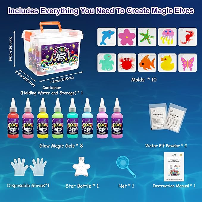 Kiditos Glow in The Dark Magic Water Elf Toy Kit,Aqua Fairy Water Gel Kit-8 Glow Gel&10 Molds-Make Your Own Water Pets&Squishy Toys–Fun Summer DIY Craft Kit,Birthday Gift&Party Favors for Kids Ages 3+