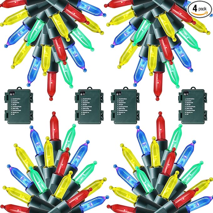 Joliyoou 4 Packs Total 200 LEDs 64ft Multicolored Christmas String Lights, Battery Operated Christmas Mini String Lights with 8 Lighting Modes, Indoor Outdoor LED Xmas Fairy String Lights with Timer