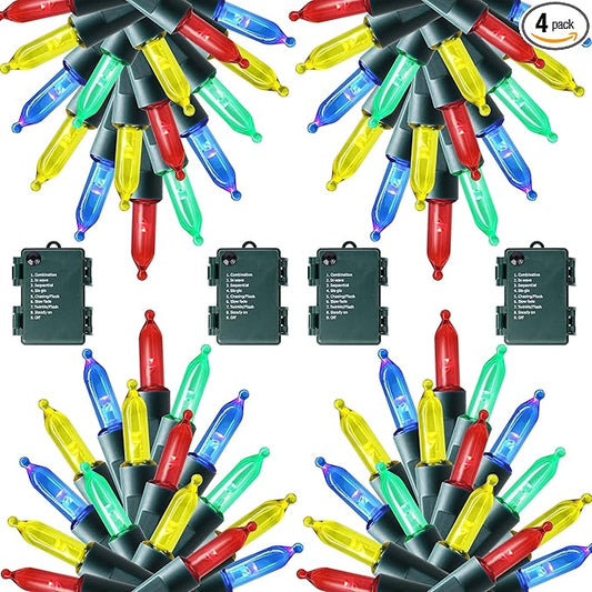 Joliyoou 4 Packs Total 200 LEDs 64ft Multicolored Christmas String Lights, Battery Operated Christmas Mini String Lights with 8 Lighting Modes, Indoor Outdoor LED Xmas Fairy String Lights with Timer