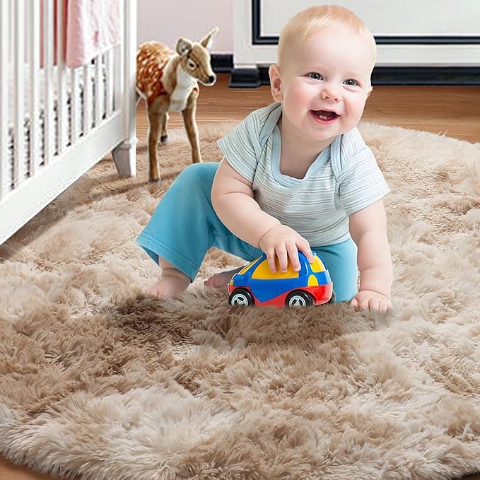 ONASAR Tie-Dye Beige Round Area Rug 4ft, Soft Bedroom Circle Rugs Floor Mats for Kids Girls Teen Room, Kawaii Fluffy Plush Shaggy Carpet for Baby Nursery Living Room Playroom Home Decor