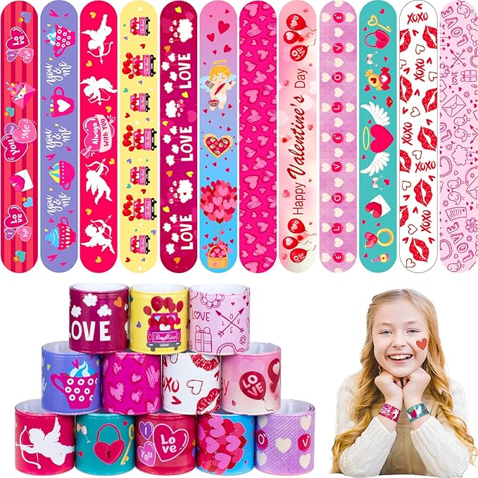 48PC Valentine's Slap Bracelets for Kids, Party Favors & Goodie Bag Fillers, Valentine’s Day Gifts for Students & Classrooms