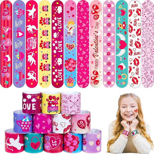 48PC Valentine's Slap Bracelets for Kids, Party Favors & Goodie Bag Fillers, Valentine’s Day Gifts for Students & Classrooms