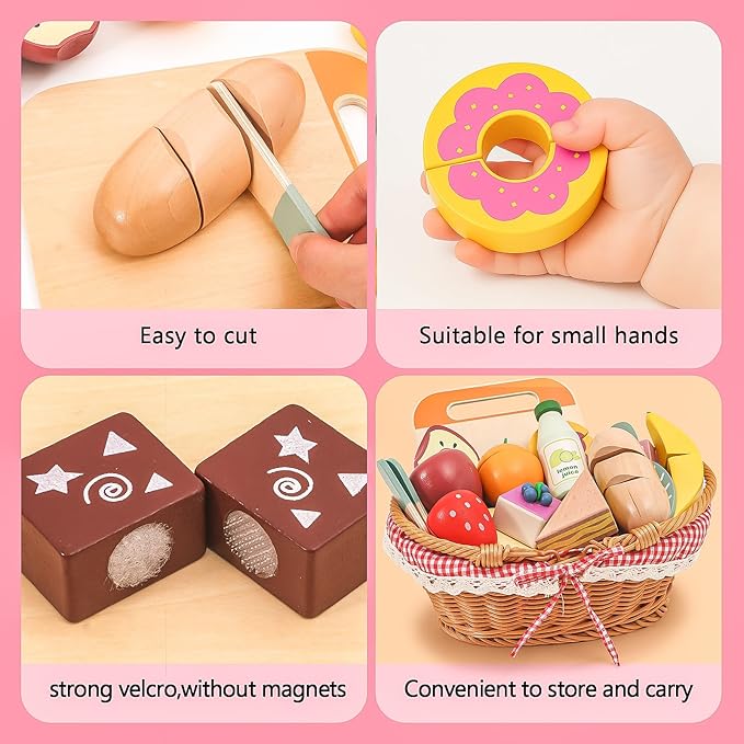 Wooden Picnic Basket Toy Set with Realistic Play Food - Kids Pretend Play Kitchen Accessories for Toddlers 3-8, Wood Play Food for Imaginative Tea Party & Outdoor Fun