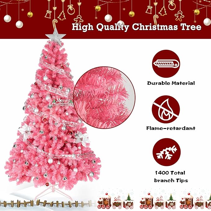 Bonnlo Upgraded Full 6ft Artificial Pink Christmas Tree Holiday Decoration w/ 1,600 Branch Tips, Sturdy Metal Stand