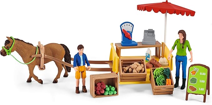 Schleich Farm World — Sunny Day Mobile Farm Stand Playset, Farm Play Set with Farmer Dolls, Horse and Mobile Produce Stand, Farm Animal Toys for Kids Ages 3+