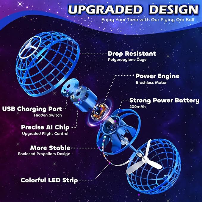 Tikduck Flying Orb Ball 2025 Toys Soaring Hover Pro Boomerang Galactic Fidget Cool Magic Hand Controlled Mini Drone Cosmic Globe Spinner Safe for 6 7 8 9 10+ Year Old Kids Outdoor Toys (Blue)