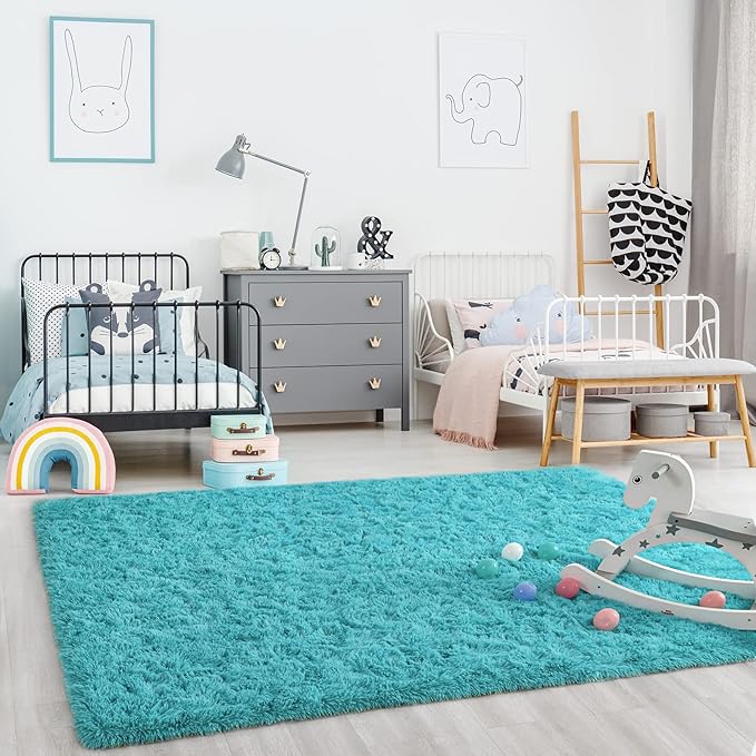 Ompaa Soft Fluffy Area Rug for Living Room Bedroom, 4x6 Teal Blue Plush Shag Rugs, Fuzzy Shaggy Accent Carpets for Kids Girls Rooms, Modern Apartment Nursery Dorm Indoor Furry Decor