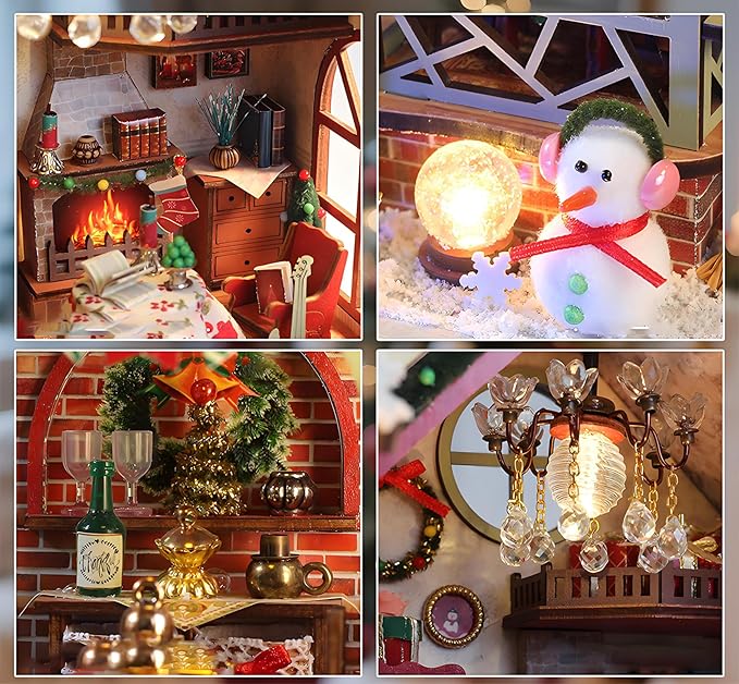 DIY Christmas Miniature House Kit Mini Wooden Dollhouse Kits for Adults Xmas Eve Snowflakes Building with LED Light, Diorama Model Birthday Gifts for Family/Friends