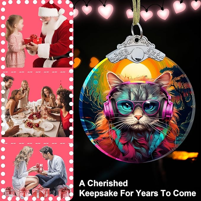 Cat Christmas Ornament Crystal Glass 3" for Christmas Decorations for Pet Lovers - Cat Gifts for Women Men