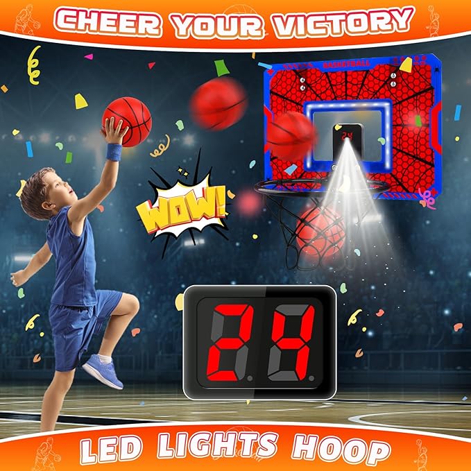 Basketball Hoop Indoor, Mini Basketball Hoop LED with 3 Balls and Scoreboard, Over The Door Basketball Hoop, Basketball Kids Toys Gifts for 3 4 5 6 7 8 9 10 11 12 Year Boys (Red Spider Web Pattern)