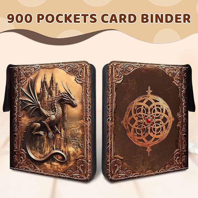 900 Pocket Trading Card Storage Album, Card Binder with 50 Durable 9-Pocket Pages, Retro Dragon Design on Pocket Card Packs, Thanksgiving Christmas Birthday Gifts for Zipper Closure Collector