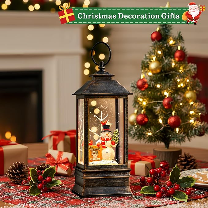 Christmas Snow Globe Lantern Water Glittering Snowman Christmas Tree Crown with Music, USB Lined Operated Lighted Lantern for Christmas Festival Decoration Gifts