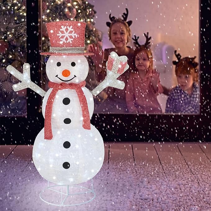 Outdoor Snowman Lighted, Pop-Up Snowman Outdoor Yard Christmas Decorations Prelit 100 Lights, Collapsible Lighted Snowmen Wear Scarf and Hold Light Up Gift Box for Home Pink Christmas Décor-Pink