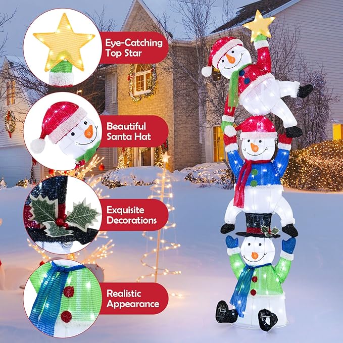 Tangkula 6 FT Lighted Christmas Stacked Snowman Set, Light-up Christmas Decoration with 155 LED Lights, Ground Stakes & Zip Ties, Pre-Lit Snowman Ornament for Indoor and Outdoor Yard, Garden & Lawn