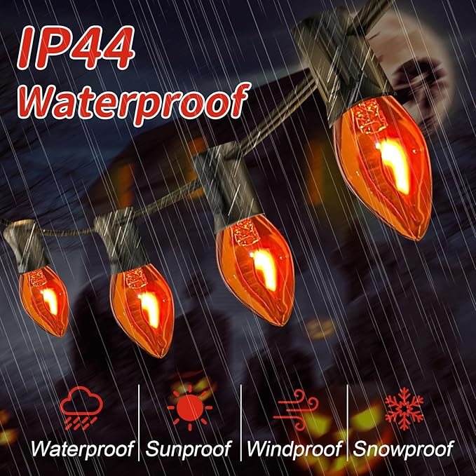 25Ft Orange Halloween Lights Outdoor, C7 Halloween Decorations Lights with 27 Orange Flicker Flame Bulbs, Vintage Christmas Flickering Light for Patio Garden Party Christmas Tree Decor-Black Wire