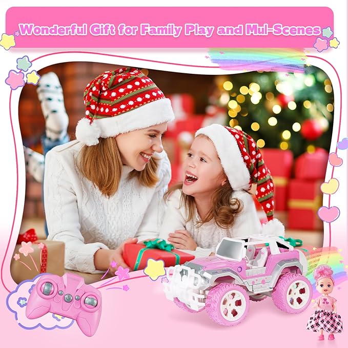 Pink Cars 1:16 Scale RC Jeep with Doll - Remote Control Car for Girls | 80-Minute Playtime | 2.4GHz All-Terrain Truck for 4-5 6-7 8-10 Years Old,ox14