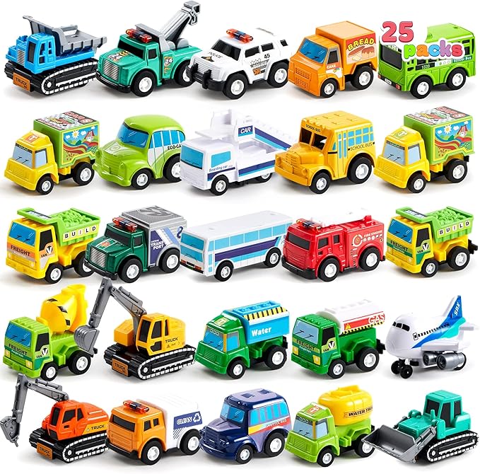JOYIN 25 Pieces Pull Back Cars and Trucks Toy Vehicles Set for Toddlers, Girls and Boys Kids Play Set, Die-Cast Car, Kids Party Favors, Easter Stocking Stuffers, Birthday Gift