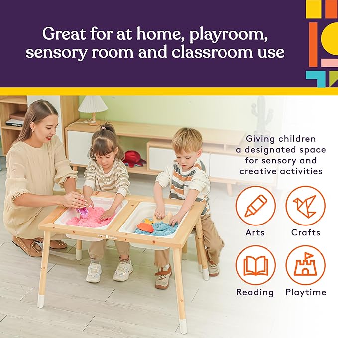 Special Supplies Kid’s Sensory Table Set with Deep Water and Sand Bins, Writable Lids, Chalk and Dry Erase Markers for Active, Hands-On Learning, Fun Play, Arts and Crafts - Pine Wood (2 Bins)