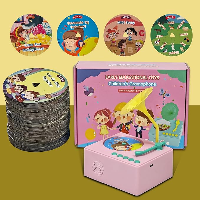 Kids Gramophone with 96 Learning Cards, Toddler Gramophone Music Toy, Kid Phonograph Toddler Record Player, Kid Gramophones, Children's Phonograph Story Music Player Gift Boys Girls (Pink)