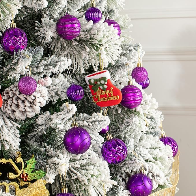 100Pcs Christmas Ball Ornaments Set, Shatterproof Plastic Purple Christmas Ornaments for Xmas Tree, Assorted Baubles Hanging Decorations for Holiday/Party/Wedding (Purple)
