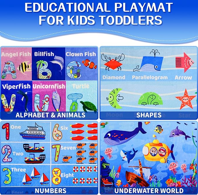 ABC Kids Rug for Playroom 59"×39.4" Ocean Rug Baby Play Mat Alphabet Carpet Sea Animal Number Shape Classroom Kids Playroom Mat Early Learning Carpet for Preschool Toddlers