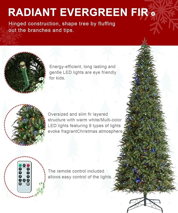 Glitzhome 11ft Prelit Artificial Christmas Tree,Radiant Evergreen Fir with 850 Warm White/Multi-color LED Lights,9 Function,w/Remote Control,Holiday Décor w/Easy Assembly,Metal Hinges & Foldable Base
