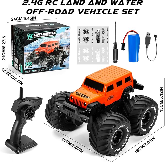 1:18 Scale Amphibious LED RC Car ，2.4GHz All 20 Km/h Off Road Terrain Remote Control Drift Truck, Waterproof Truck for 8+ Year Old Boys Girls Kids Gifts (Orange)