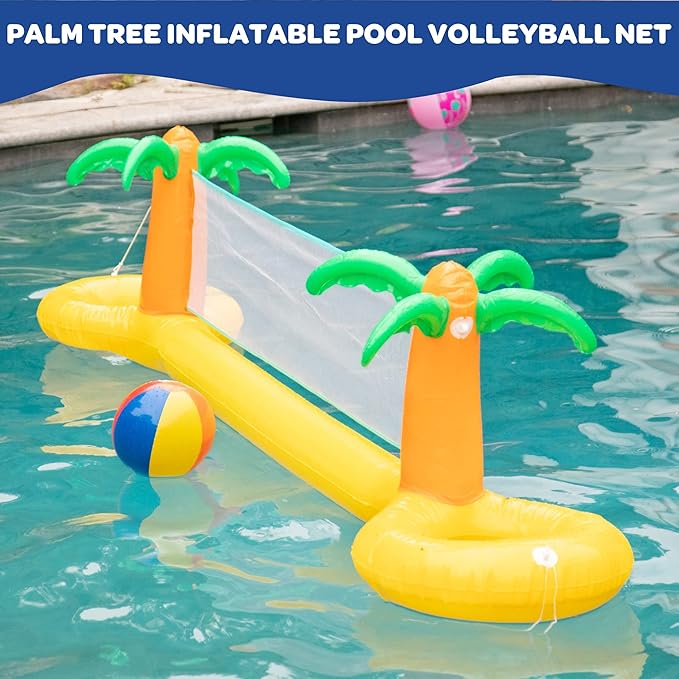 Giant Inflatable Palm Tree Volleyball Net Set w/Ball-12 ft Long Extra Large Size-Durable Thick PVC Material, Easy to Inflate- Outdoor/Backyard Pool Party, Fun Water Activity-Float, Kids Gift