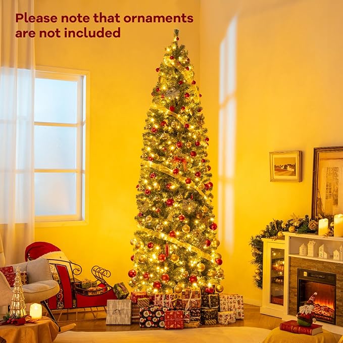 GOFLAME 9FT Pre-Lit Pencil Christmas Tree, Hinged Artificial Xmas Tree with 1168 Branch Tips, 500 LED Lights, 9 Lighting Modes & Folding Metal Stand, Slim Holiday Decoration Tree for Home Party