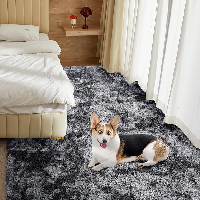 5X8 Ultra Soft Rug for Living Room, Fluffy Shag Area Rug for Bedroom, Modern Shaggy Carpets Fuzzy Rug for Teens Dorm Nursery Home Decor Aesthetic, Upgrade Anti-Skid Durable, Tie Dye Black and Grey