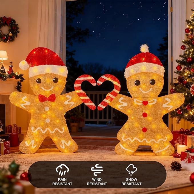 2D Light Up Gingerbread Man Christmas Decorations, 32 Inch Lighted Christmas Outdoor Decorations Yard with 100L, 2Pcs Gingerbread Man Couple Xmas Festive Holiday Front Garden Patio Yard Lawn Display