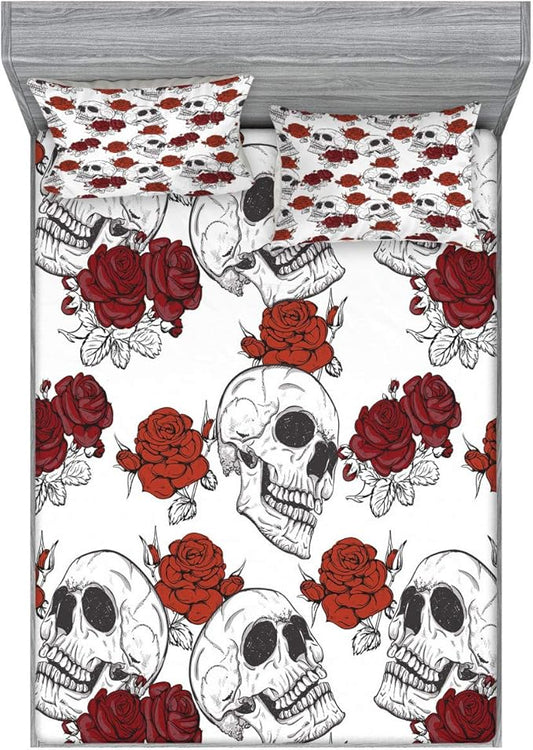 Ambesonne Skull Fitted Sheet & Pillow Sham Set, Retro Gothic Dead Head Skeleton with Roses Halloween Theme Spooky Trippy Romantic, Decorative Printed 3 Piece Bedding Decor Set, Calking, Grey